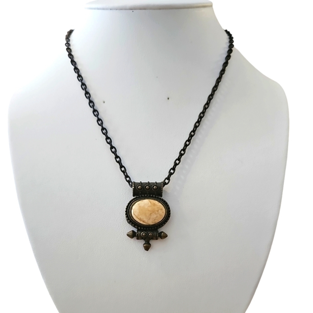 Vintage collectible brass Necklace with creamy marble stone pendant